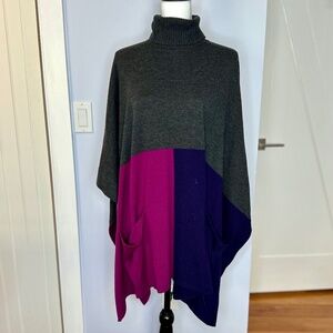 Worth New York. Grey/fuchsia/royal blue poncho w/pockets & turtleneck. Excellent